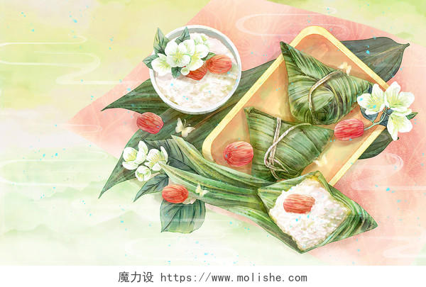 古风端午节粽子插画红枣糯米茉莉花包粽子植物夏天夏季山水背景